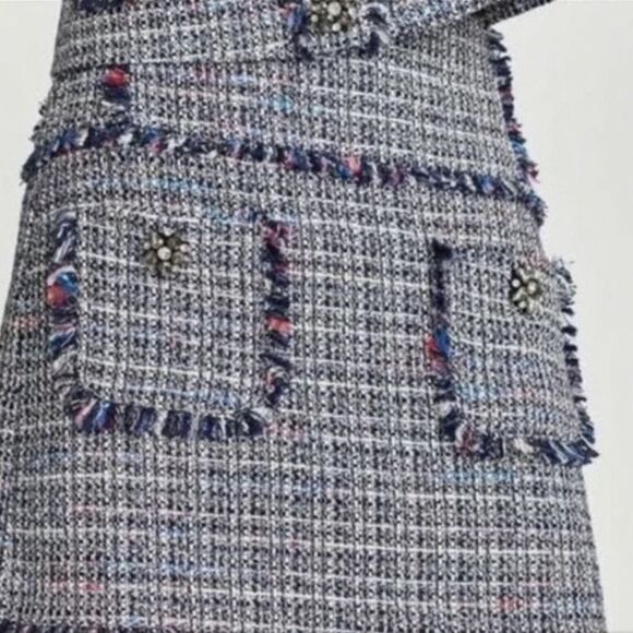 NWT Zara Women's Blue Tweed Mini Skirt Size Large Gem Applique‎ Fringe Pockets - Picture 1 of 6